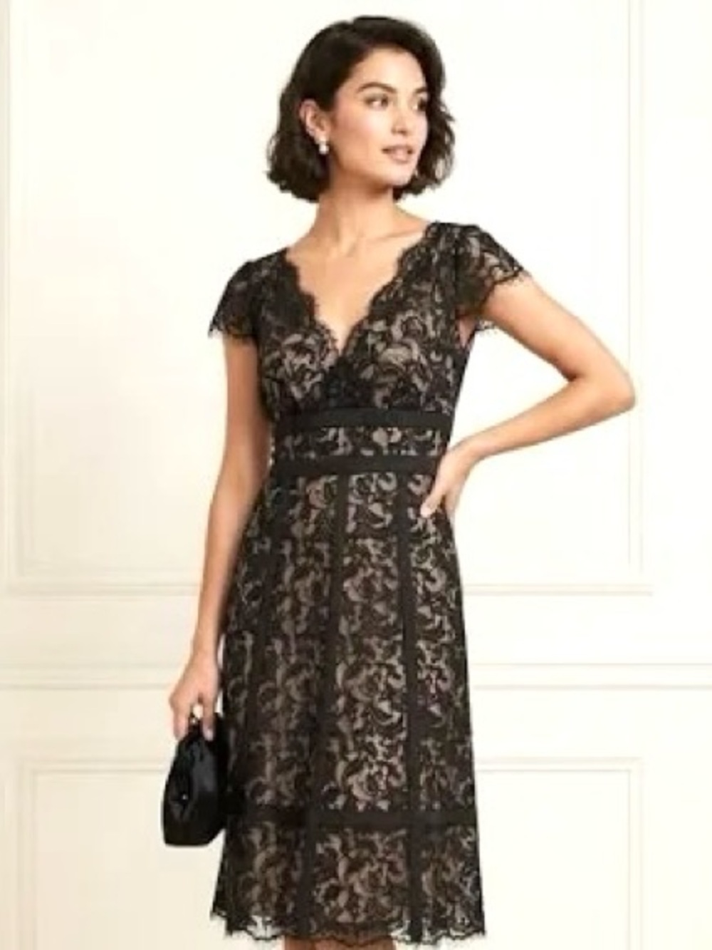 LOFT Black Lace Nude Lined V‑Neck Midi Cocktail Dress‎ Sz 4